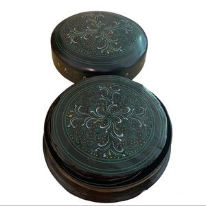 Vintage Six Black Lacquer Coasters with Box - White, Green, Yellow Abstract